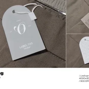 PSD Mockup Label Tag Editable Design with Clothing Tags on Fabric PSD Mockup Label Tag Editable, Clothing label tag with string on brown fabric showing different label designs