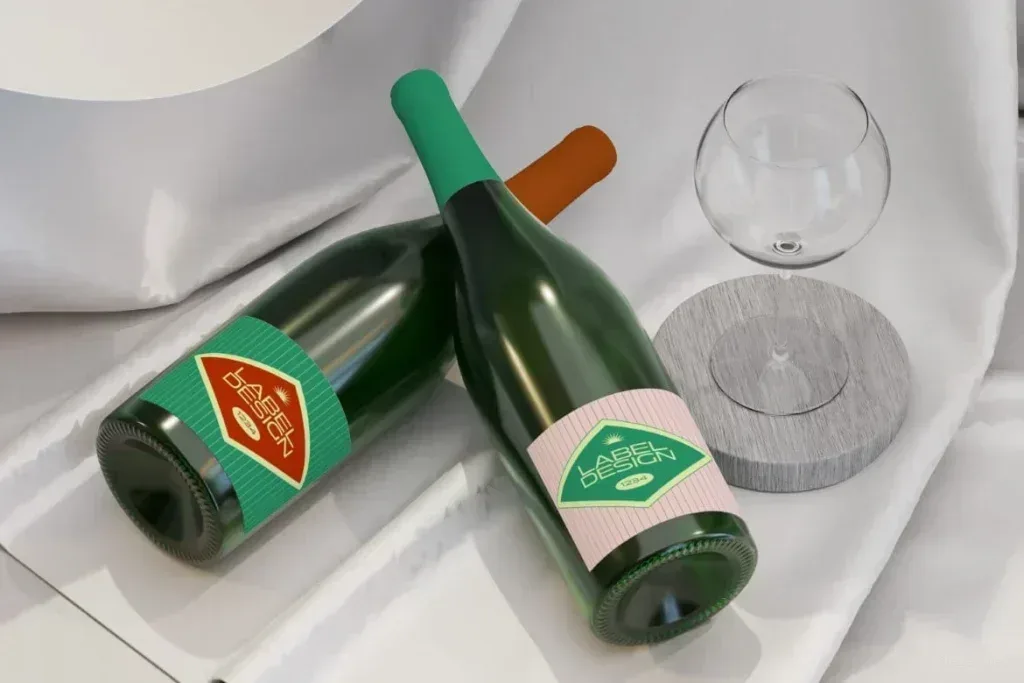 PSD Mockup Champagne Bottle, Two green champagne bottles with colorful labels and a wine glass on a white cloth