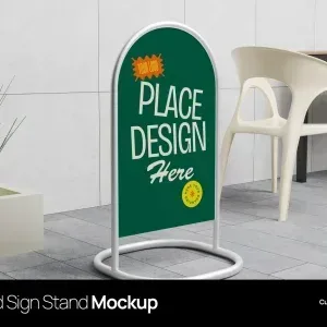 PSD Mockup Rounded Sign Stand, Rounded sign stand with green display panel on tiled floor near white chairs and planter
