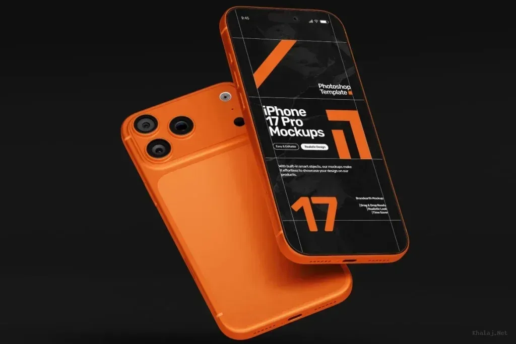 PSD Mockup iPhone 17 Pro, Orange iPhone 17 Pro with front and back view on black background