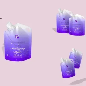 PSD Mockup Flexible Packaging Mylar, Flexible packaging Mylar pouch mockup with purple gradient design and white cap
