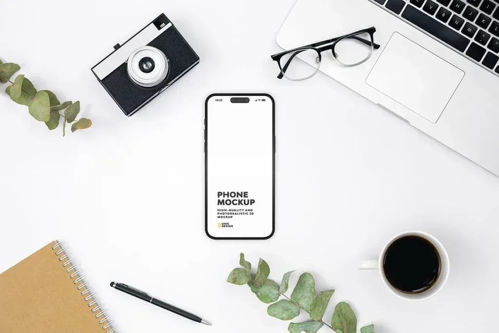 PSD Mockup Office Phone Display, Office desk with phone mockup, laptop, camera, glasses, notebook, pen, coffee cup, and…