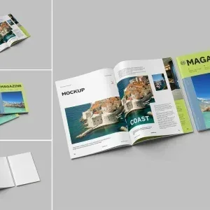 PSD Mockup Magazine High with Coastal Cover Design PSD Mockup Magazine High, Open and closed magazines with coastal cover design on gray background