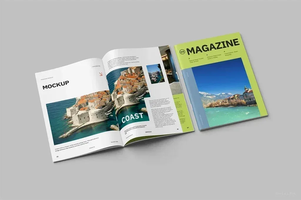 PSD Mockup Magazine High, Open and closed magazines showing coastal images and text layout