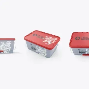 PSD Mockup Storage Plastic Container with Red Lid and Griffin Design PSD Mockup Storage Plastic Container, Rectangular plastic storage container with red lid and decorative white griffin design