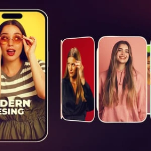 After Effects Project Modern Vertical Slideshow with smartphone preview After Effects Project Modern Vertical Slideshow, Vertical slideshow preview on smartphone with woman and text trend spirid