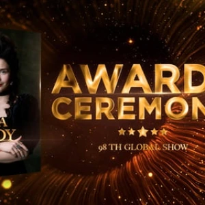 After Effects Project Grand Gold Awards Show Opener with golden text and sparkles After Effects Project Grand Gold Awards, Golden text Screen Awards Ceremony 2026 with sparkling particles on dark background