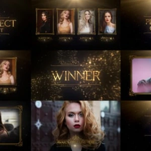 After Effects Project Elegant Gold Awards Show Opener with Four Portrait Frames After Effects Project Elegant Gold Awards, Four elegant gold-framed portraits with dark background and sparkling particles