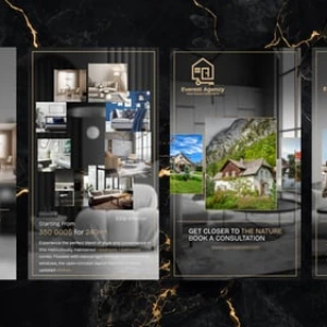 After Effects Project Real Estate Carousel, Real estate carousel with dark marble background and golden frames showing…