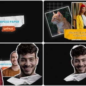 After Effects Project Crumpled Paper Rip, Three crumpled paper frames with photos of a cat, a woman in a yellow jacket, and…