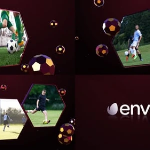 After Effects Project Dynamic Soccer Opener, Soccer players in action inside hexagonal frames with floating soccer balls