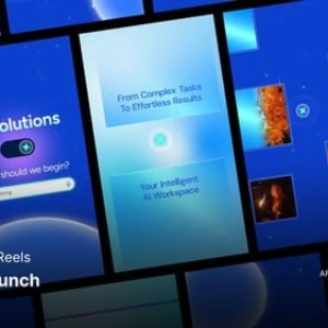 After Effects Project Modern AI SaaS, Blue button with white text introducing and a cursor pointer on gradient background