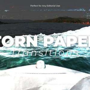 After Effects Project Dynamic Torn Paper showing waterfront fishing scene After Effects Project Dynamic Torn Paper, Man wearing yellow hat and jacket fishing by waterfront with city and boat in…