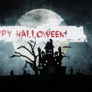 After Effects Project After Effects Spooky Halloween with Haunted House Silhouette After Effects Project After Effects Spooky, Silhouette of haunted house and bare trees with bats flying in front of full moon