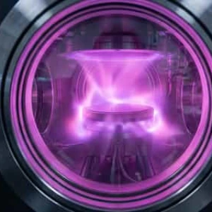 Video Footage Purple Plasma Discharge, Blurred legs walking on wet reflective pavement with blue lights