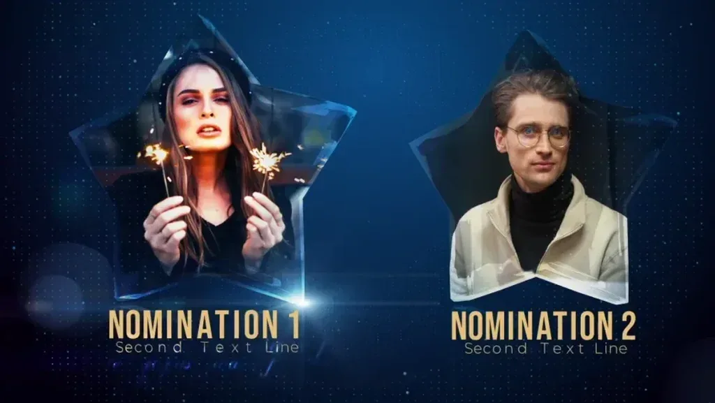 After Effects Project Cinematic Awards Presentation, Two nominees inside star-shaped frames with dark blue background and…