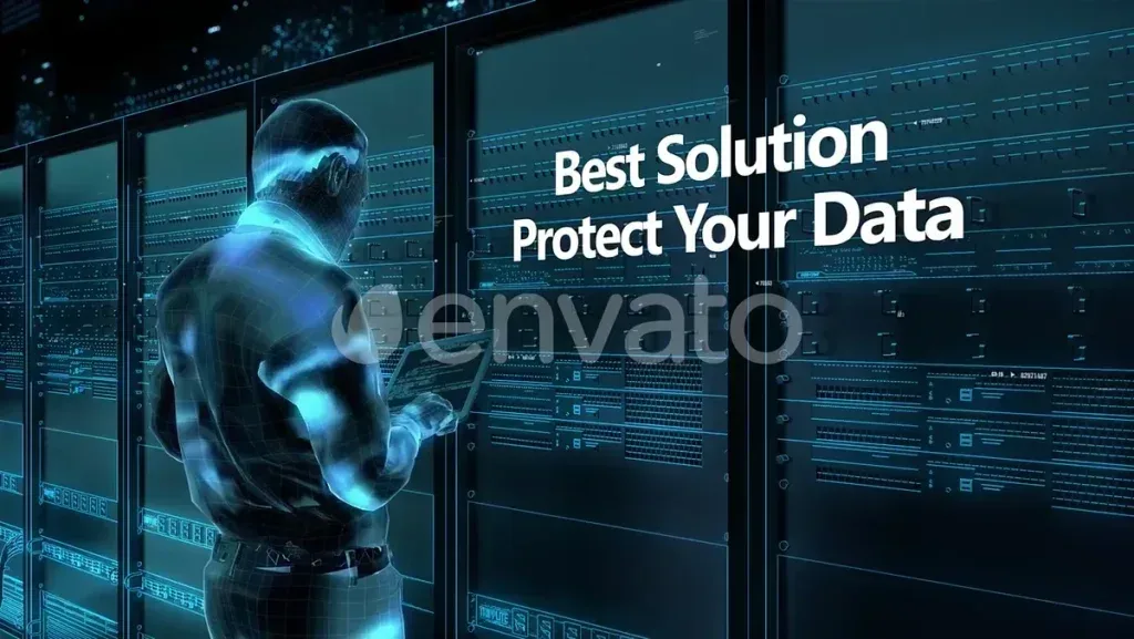 After Effects Project Cybersecurity Corporate Intro, Digital figure working on data servers with cybersecurity text overlay