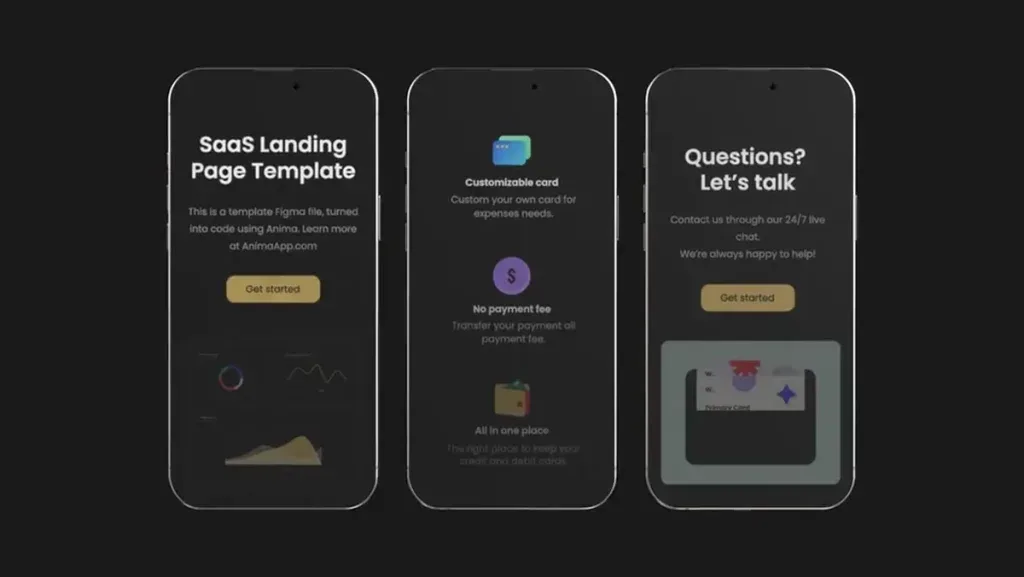 After Effects Project Device Promo UI, Three smartphones showing SaaS landing page template with customizable card and live…