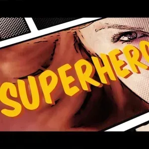 After Effects Project Dynamic Comic Book, Comic book style panel with a close-up of a face and the word superhero in bold…