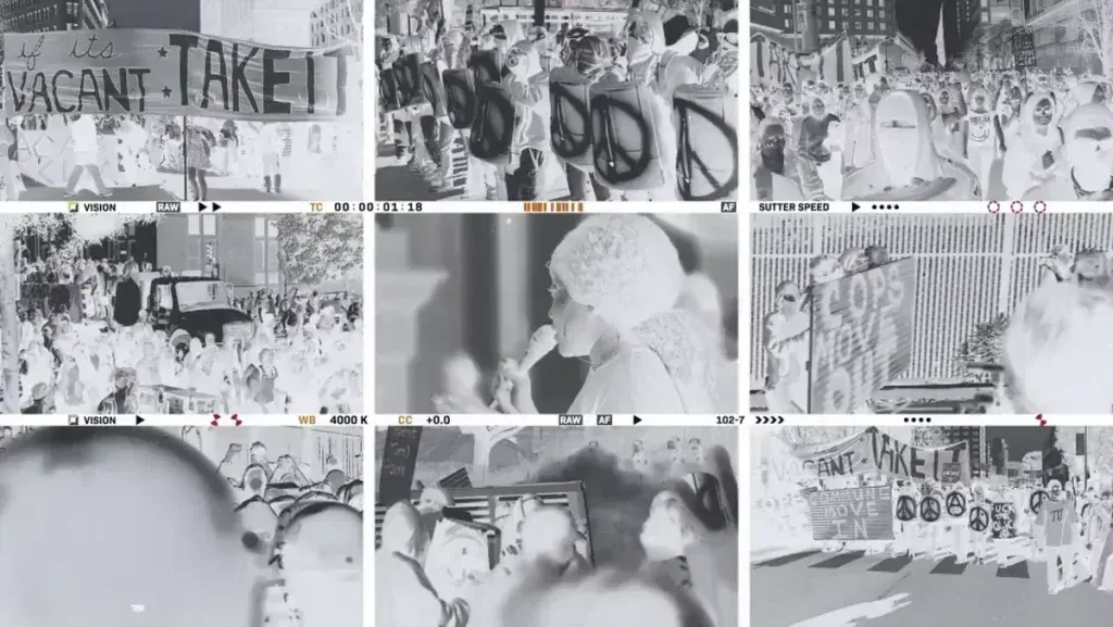 After Effects Project Dynamic Documentary Opener, Black and white documentary style collage with protest scenes and glitch…