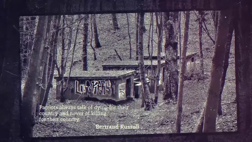 After Effects Project Gritty Cinematic History, Abandoned concrete structures with graffiti in a leafless forest