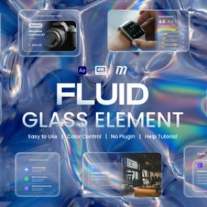 After Effects Project Iridescent Fluid UI Glassmorphism Background After Effects Project Iridescent Fluid UI, Iridescent fluid background with glassmorphism frame showing blurred landscape