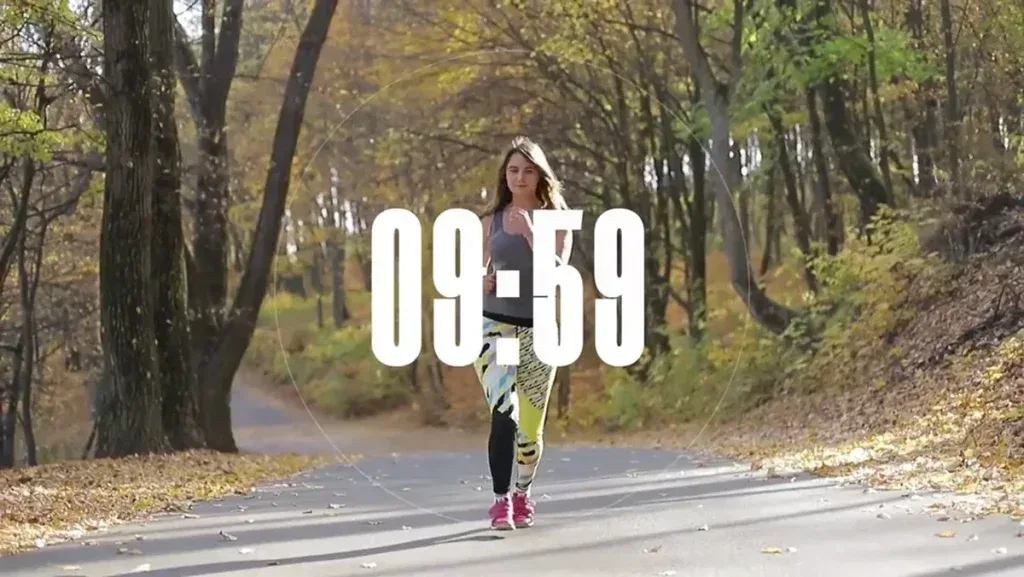 After Effects Project Modern Digital Countdown, Woman jogging on forest path with digital countdown timer overlay