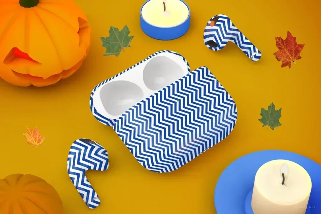 PSD Mockup AirPods Halloween Theme, AirPods case and earbuds with blue and white zigzag pattern on orange background with…