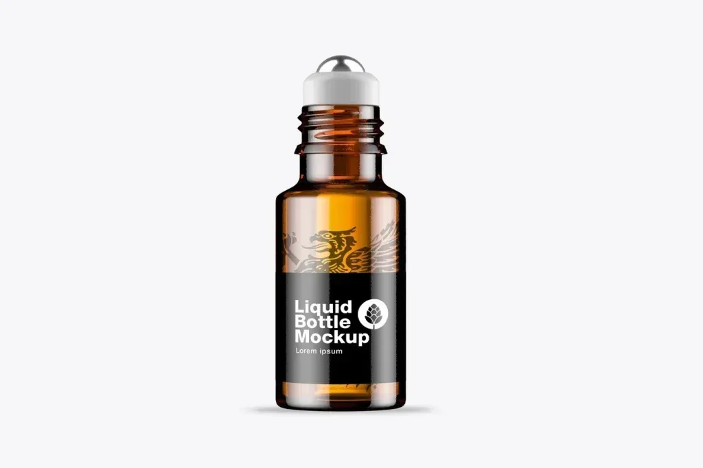 PSD Mockup Amber Roll-On Cosmetic, Amber glass roll-on bottle with a black label on a white background