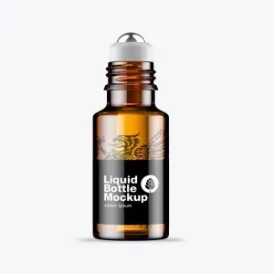 PSD Mockup Amber Roll-On Cosmetic, Amber glass roll-on bottle with a black label on a white background