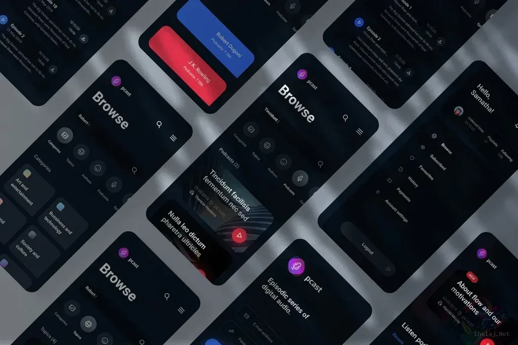 PSD Mockup Application Screen Device, Dark mode mobile app screens showing podcast browsing and playback interface
