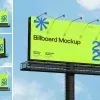 PSD Mockup Billboard for City, Bright green billboard mockup on a tall pole against a blue sky with clouds