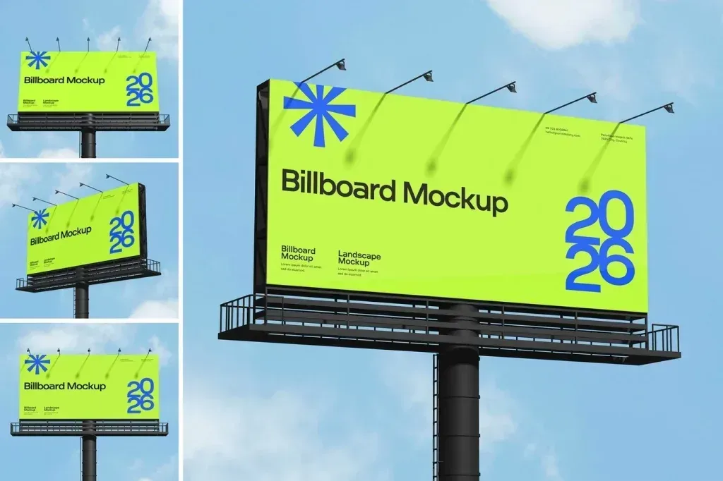 PSD Mockup Billboard for City, Bright green billboard mockup on a tall pole against a blue sky with clouds