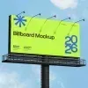 PSD Mockup Billboard for City, Bright green billboard mockup on a pole against a blue sky with clouds