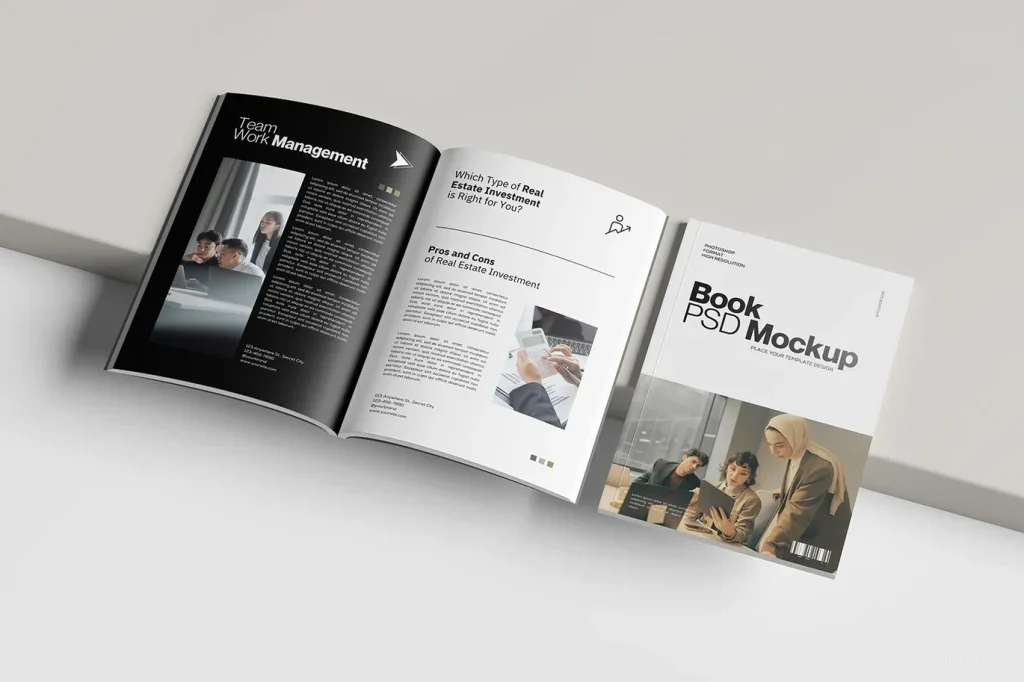 موکاپ PSD صحنه‌های طراحی کتاب