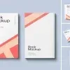 PSD Mockup Book on Minimal, Book mockup set with white covers and coral diagonal accents on a light blue background