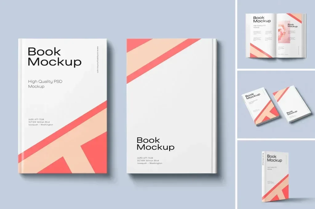 PSD Mockup Book on Minimal, Book mockup set with white covers and coral diagonal accents on a light blue background