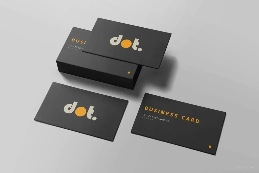 PSD Mockup Business Card Clean, Black business cards with dot logo and orange text on gray background