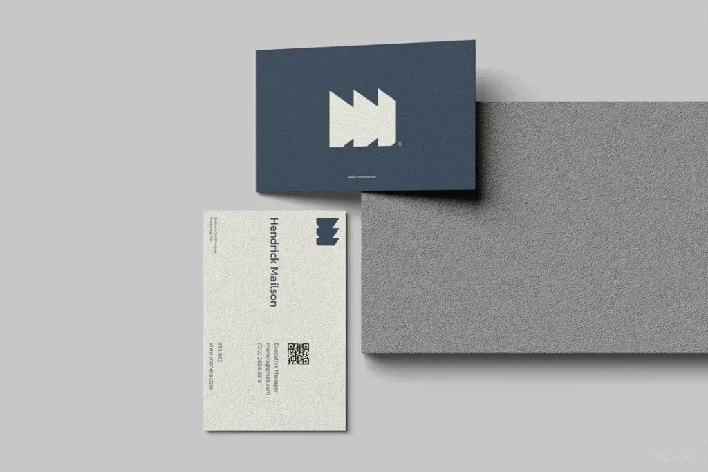 PSD Mockup Business Card for Branding, Two business cards on a gray textured surface, one navy and one light with contact…