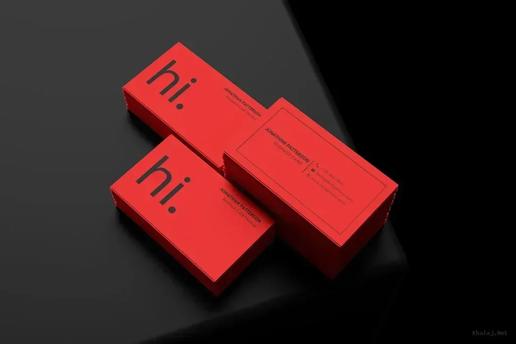 PSD Mockup Business Card, Red business cards stacked on a dark background with a bold hi. design
