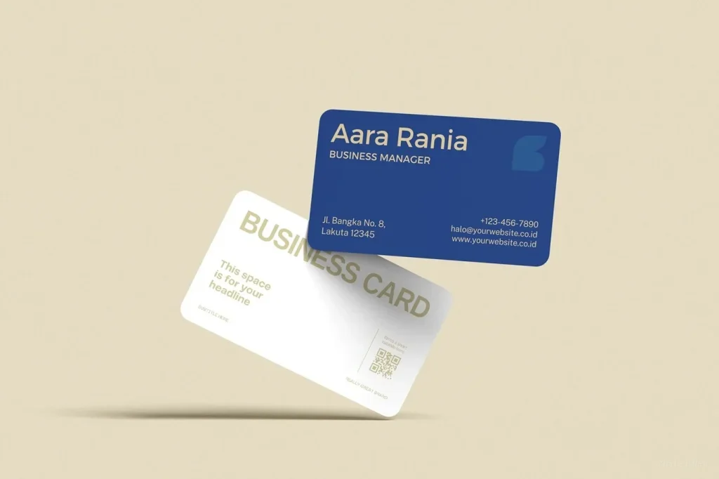 PSD Mockup Business Card Realistic, Two floating business cards with one blue and one white on beige background