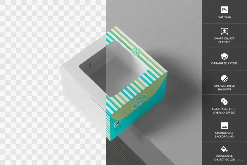 PSD Mockup Cake Box, Square cake box with transparent window and striped design