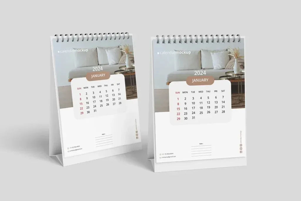 PSD Mockup Calendar with Smart, 2024 January calendar mockup with spiral binding and modern living room background