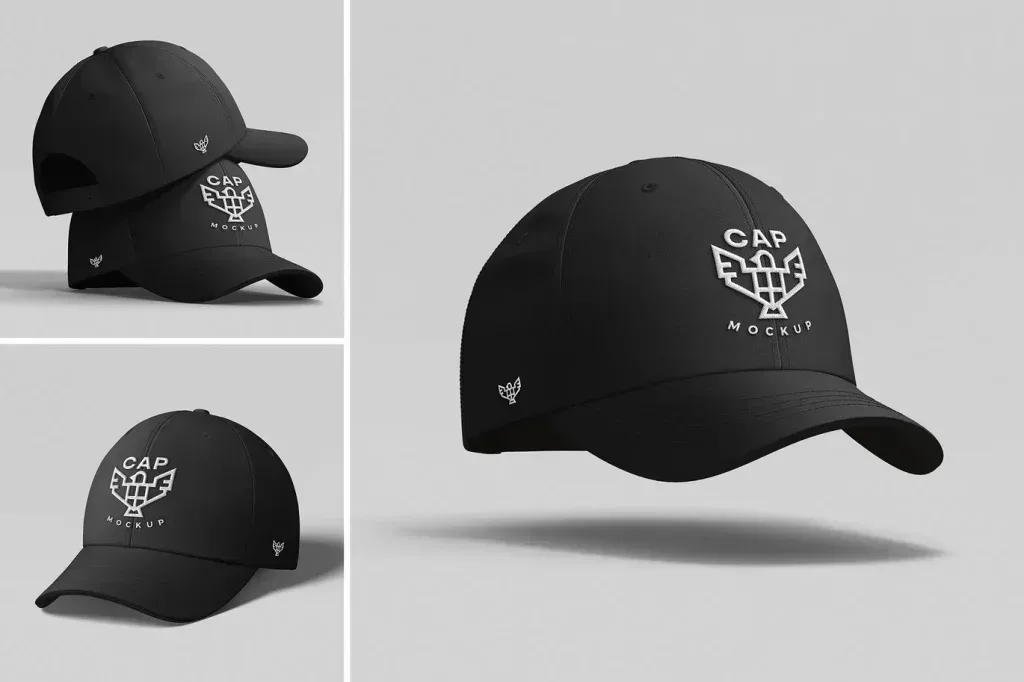PSD Mockup Cap Apparel Presentation, Black cap mockup shown in front, side, and floating views on a light gray background