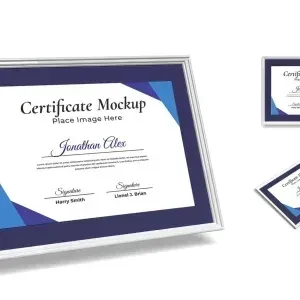 PSD Mockup Certificate with Smart, Framed certificate mockup with blue corners, shown in three angled views on a white…