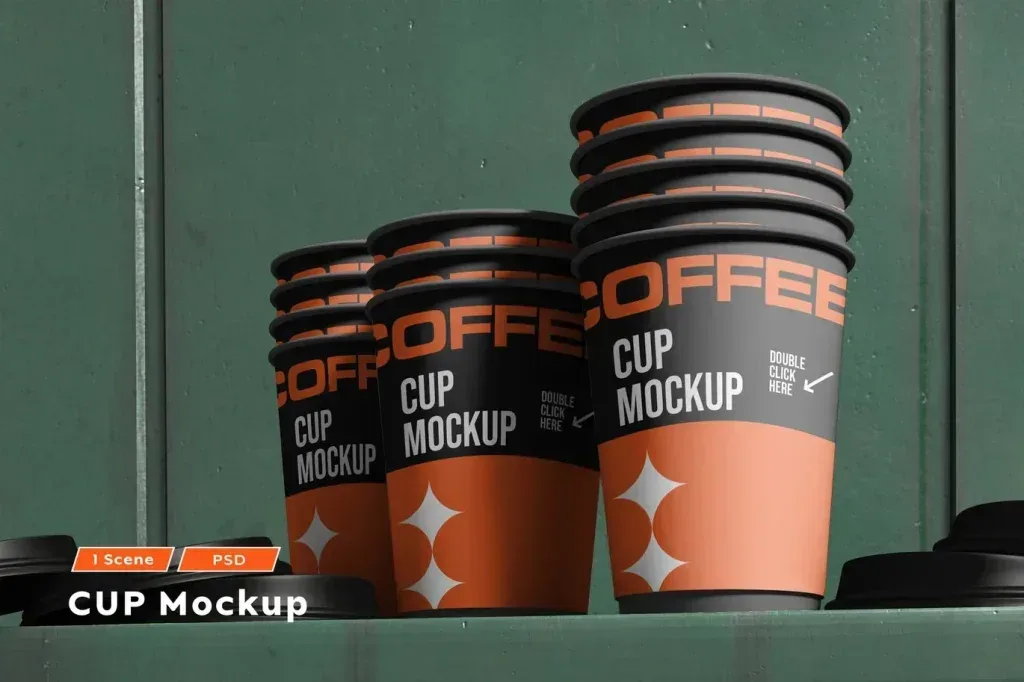 PSD Mockup Coffee Cup with Smart, Stacked coffee cups with black, orange and gray mockup labels on a green shelf