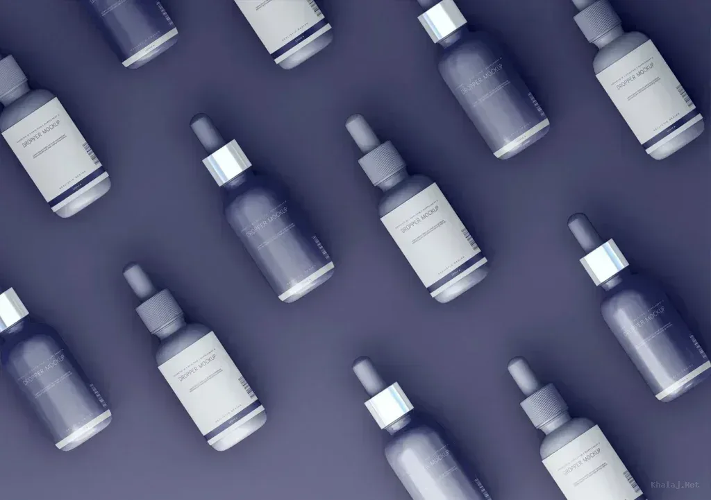 PSD Mockup Dropper Bottles, Multiple dropper bottles with white and dark labels arranged on a dark surface