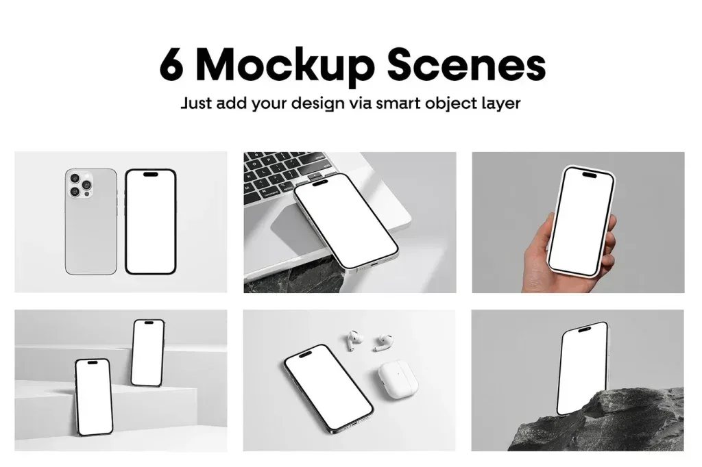 PSD Mockup Electronic Device Phone, Six electronic device phone mockup scenes with blank screens in various settings