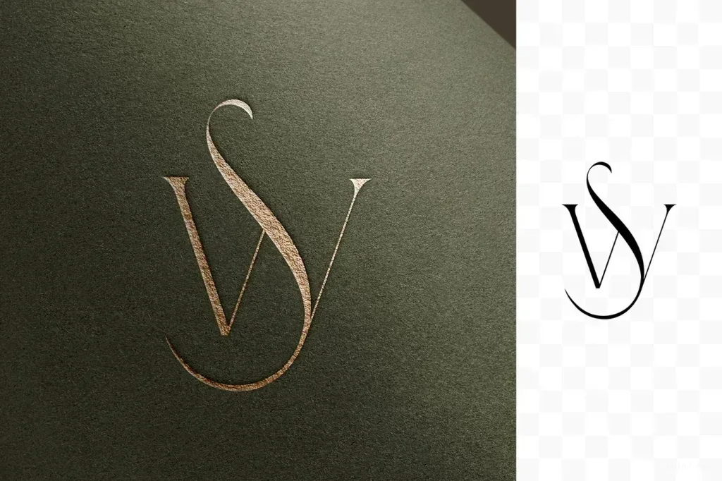 PSD Mockup Gold Logo on Embossed, Gold monogram on dark textured paper, with a black version shown beside it