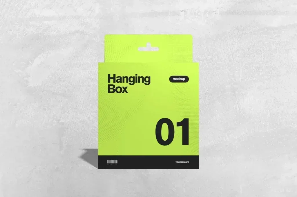 PSD Mockup Hanging Box Packaging, Neon green hanging box packaging mockup on a gray textured background